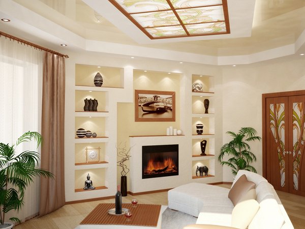 Дизайн гостиной с камином в квартире
